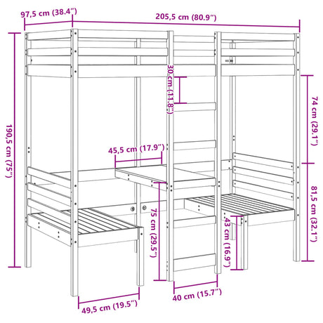 Loft Bed Frame With Desk And Chairs 90X200Cm Solid Wood Pine