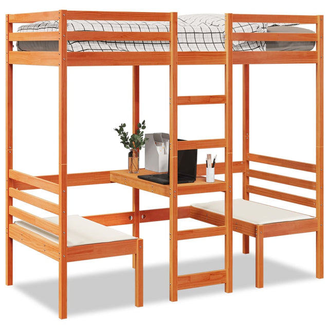 Loft Bed Frame With Desk And Chairs 90X200Cm Solid Wood Pine