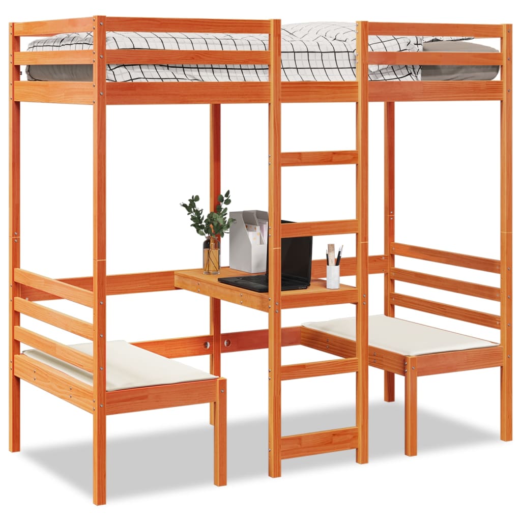 Loft Bed Frame With Desk And Chairs 90X200Cm Solid Wood Pine