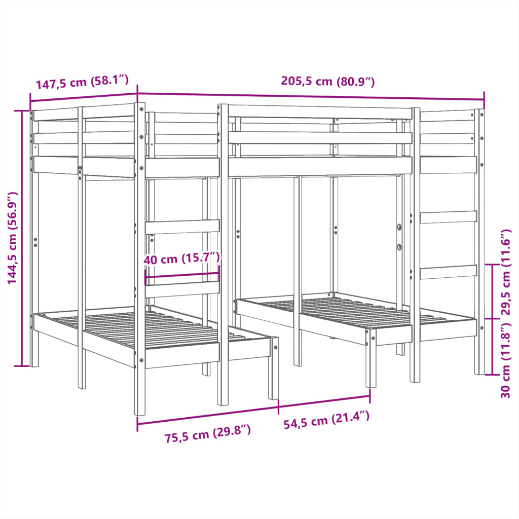 Triple Bunk Bed Frame Solid Wood Pine