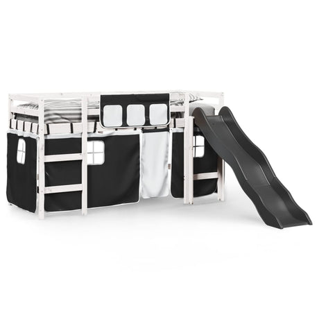 Kids' Loft Bed With Curtains White&Black Solid Wood Pine