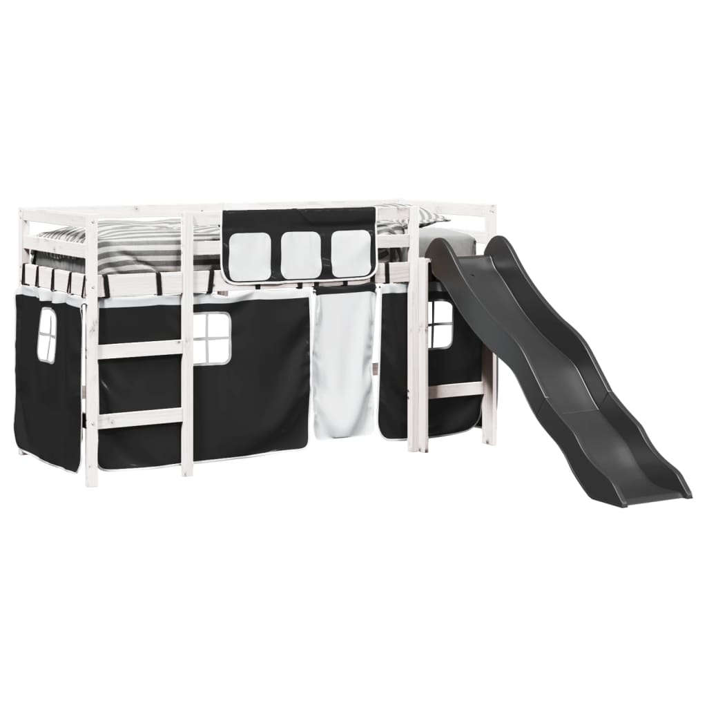 Kids' Loft Bed With Curtains White&Black Solid Wood Pine