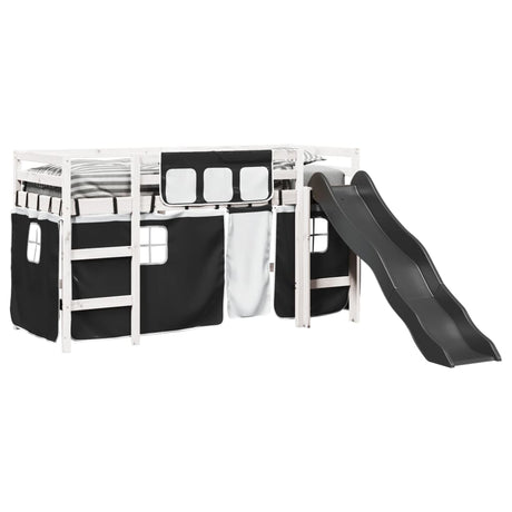 Kids' Loft Bed With Curtains White&Black Solid Wood Pine