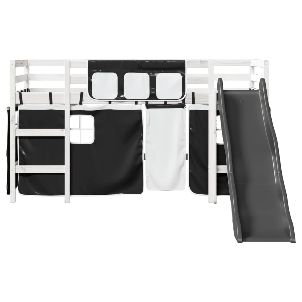 Kids' Loft Bed With Curtains White&Black Solid Wood Pine