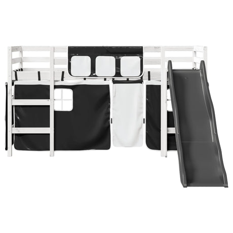 Kids' Loft Bed With Curtains White&Black Solid Wood Pine