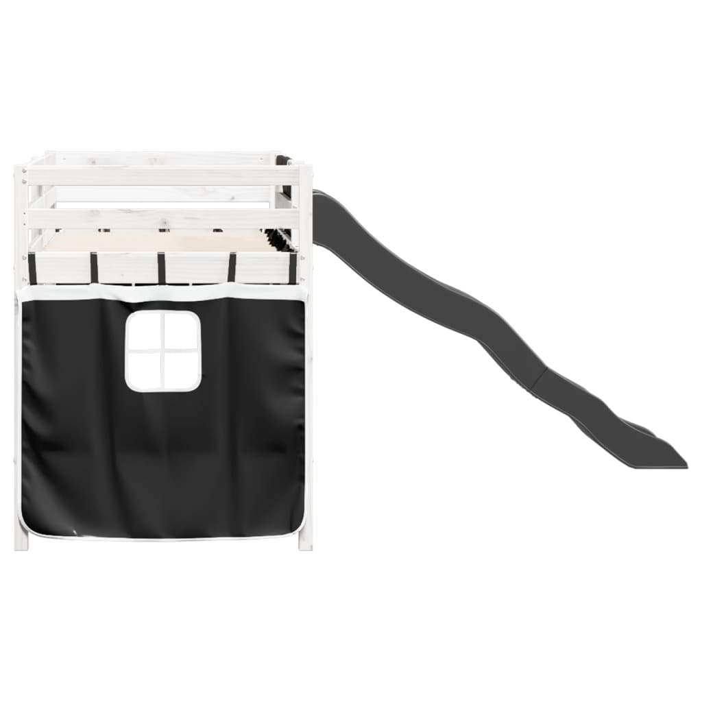 Kids' Loft Bed With Curtains White&Black Solid Wood Pine