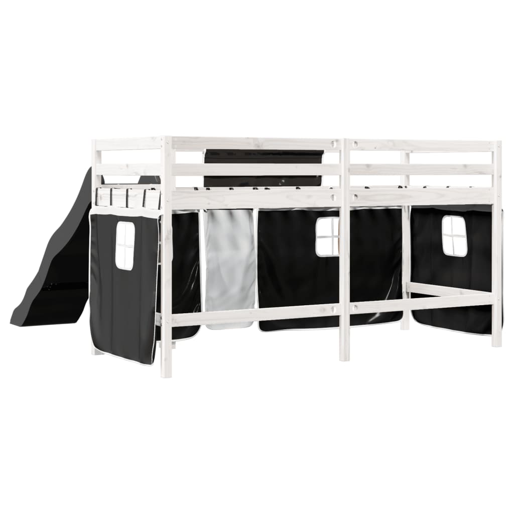 Kids' Loft Bed With Curtains White&Black Solid Wood Pine