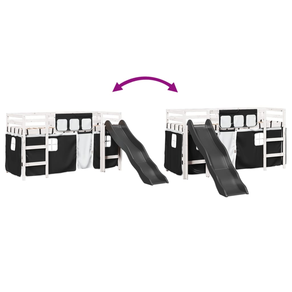 Kids' Loft Bed With Curtains White&Black Solid Wood Pine