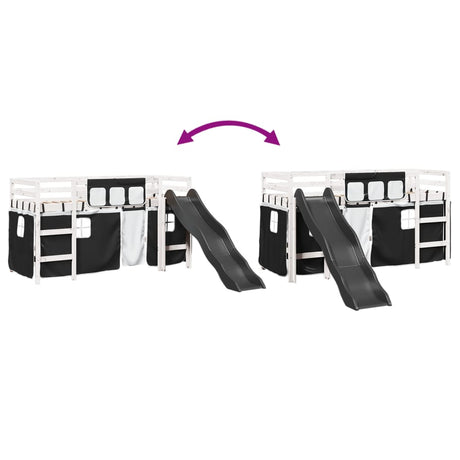 Kids' Loft Bed With Curtains White&Black Solid Wood Pine