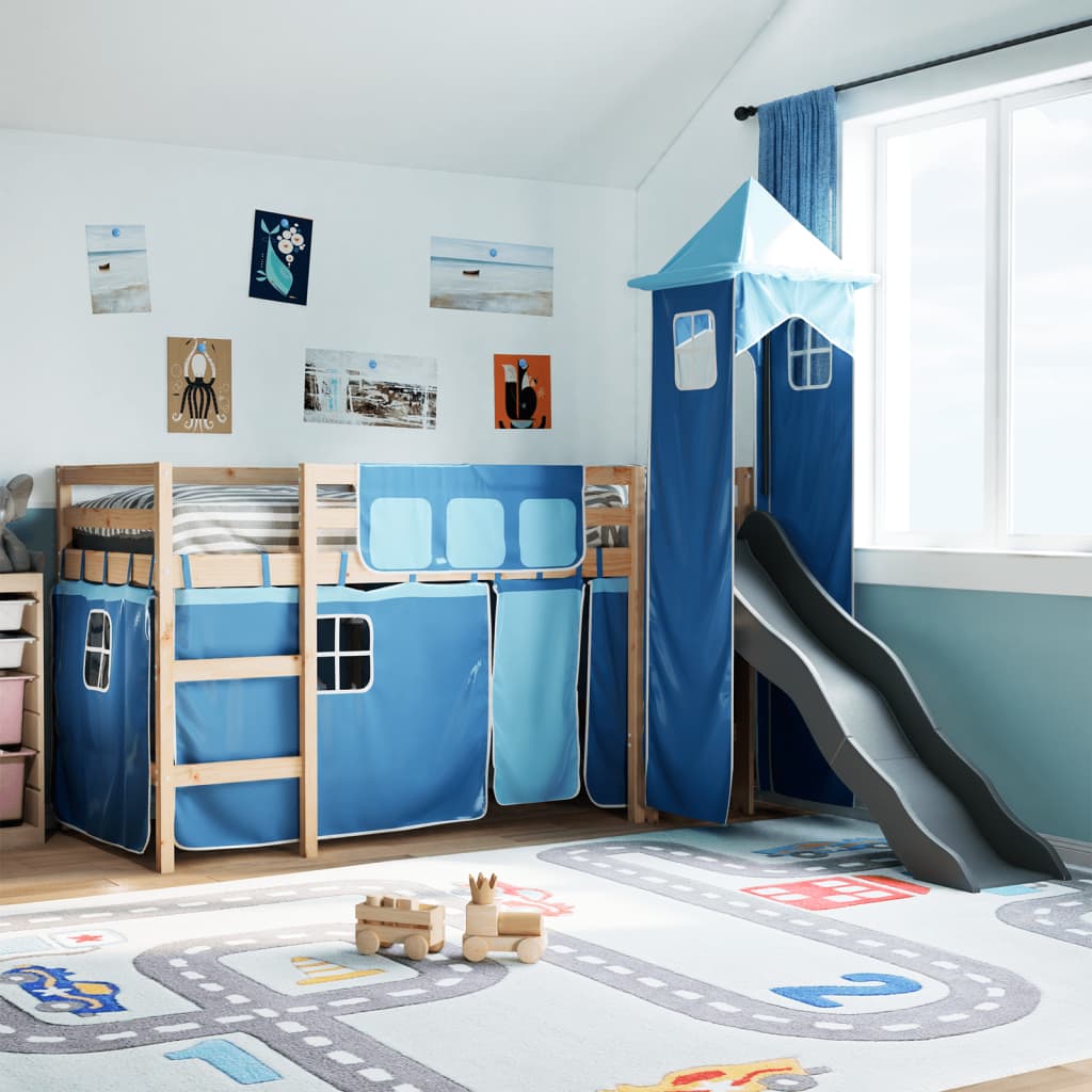 Kids' Loft Bed With Tower Blue Solid Wood Pine