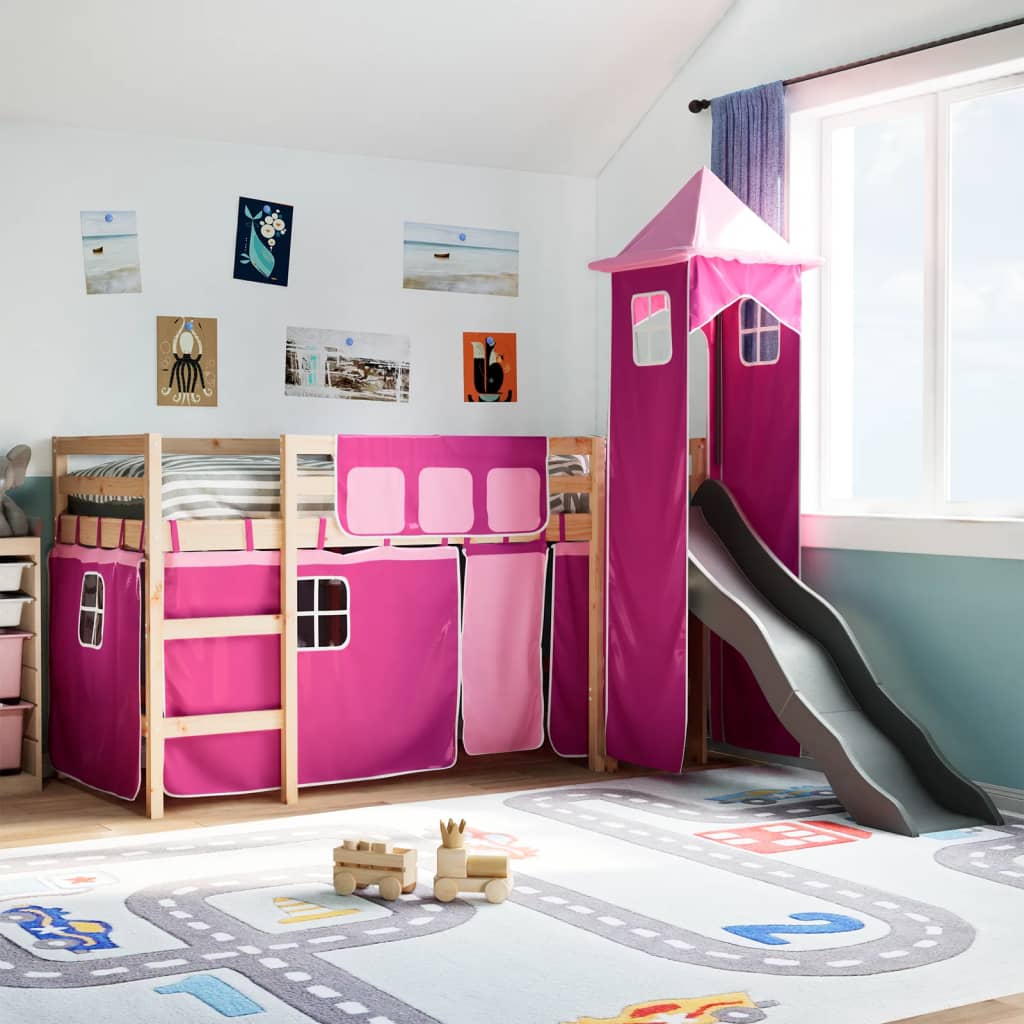 Kids' Loft Bed With Tower Blue Solid Wood Pine