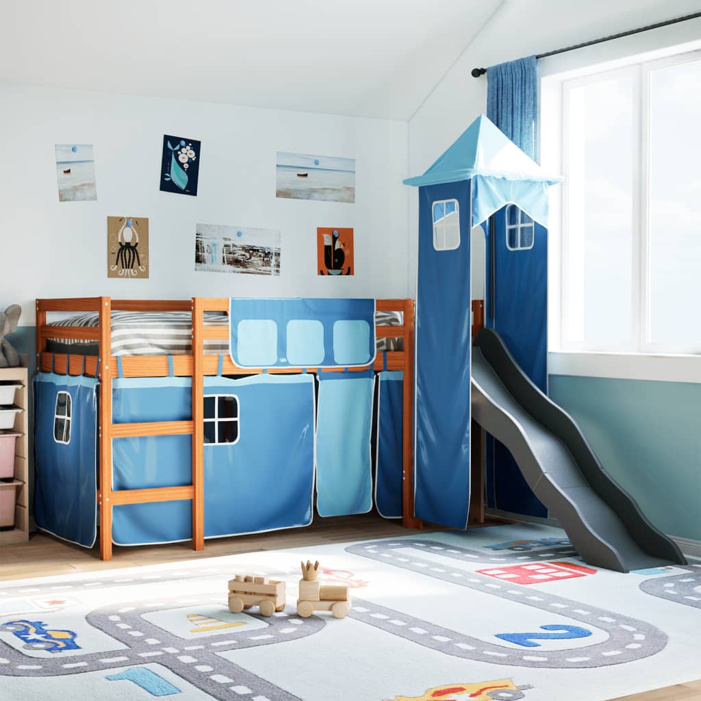 Kids' Loft Bed With Tower Blue Solid Wood Pine