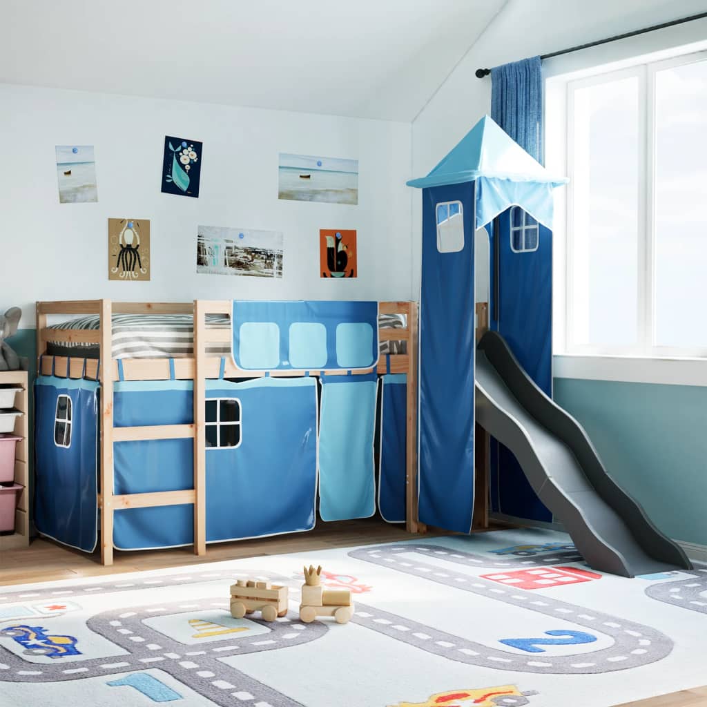Kids' Loft Bed With Tower Blue Solid Wood Pine