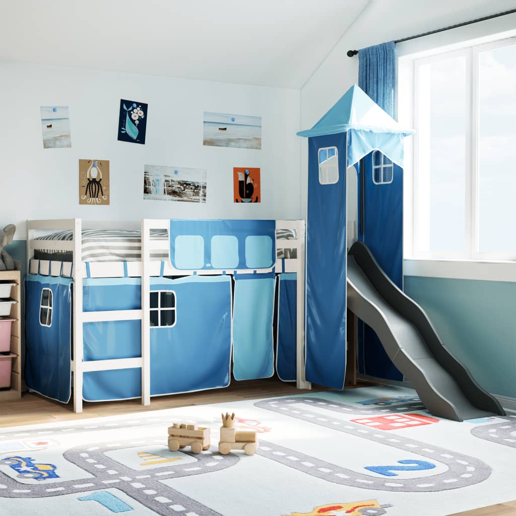 Kids' Loft Bed With Tower Blue Solid Wood Pine