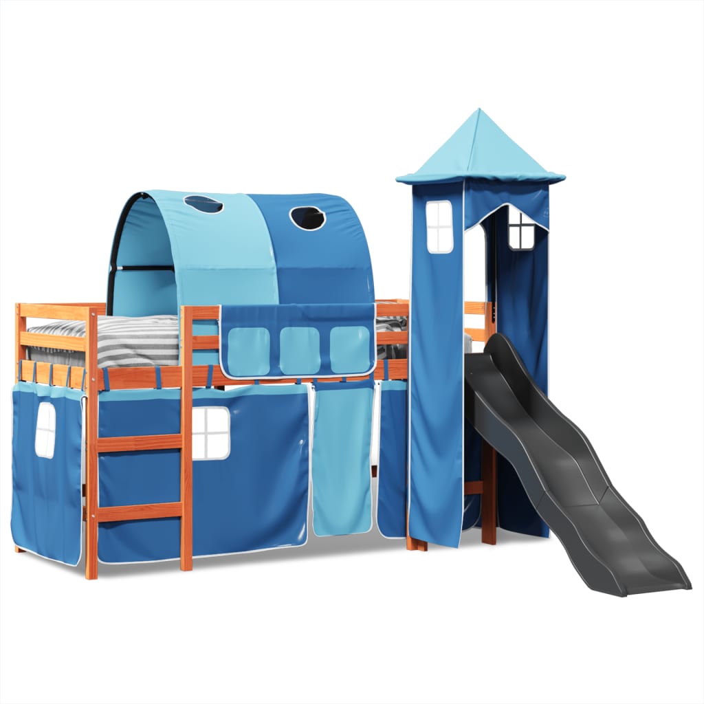 Kids' Loft Bed With Tower Blue Solid Wood Pine