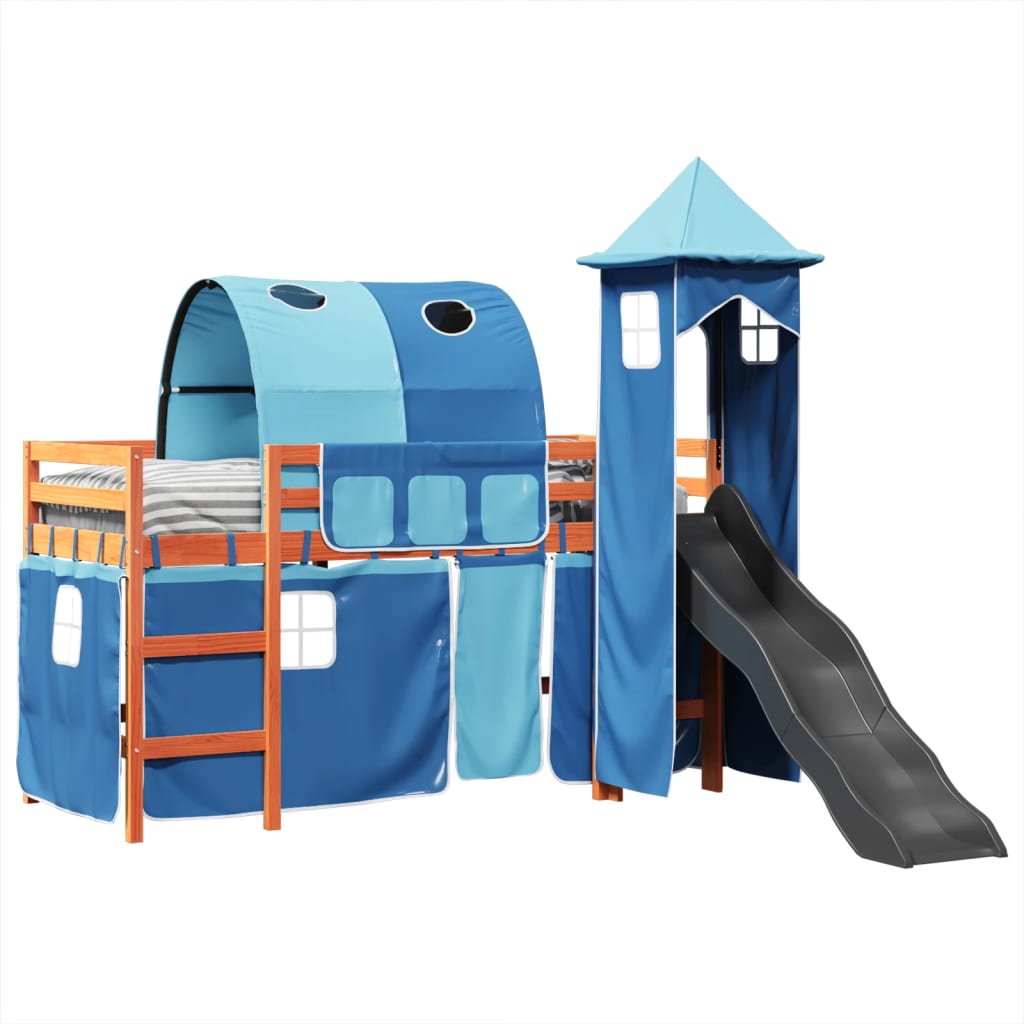 Kids' Loft Bed With Tower Blue Solid Wood Pine