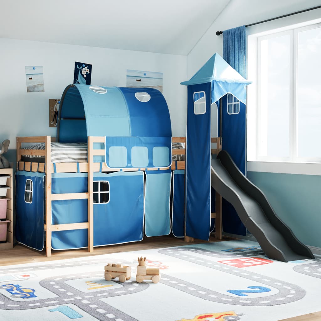 Kids' Loft Bed With Tower Blue Solid Wood Pine