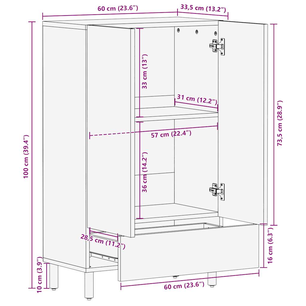Highboard 60X33.5X110 Cm Solid Rough Wood Mango
