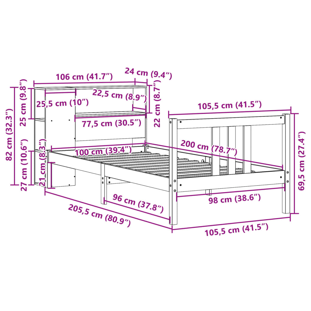 Bookcase Bed Without Mattress 100X200Cm Solid Wood Pine