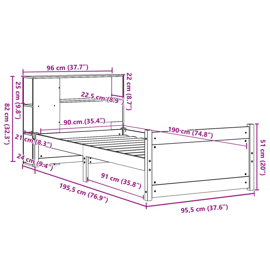 Bookcase Bed Without Mattress 90X190Cm Single Solid Wood Pine