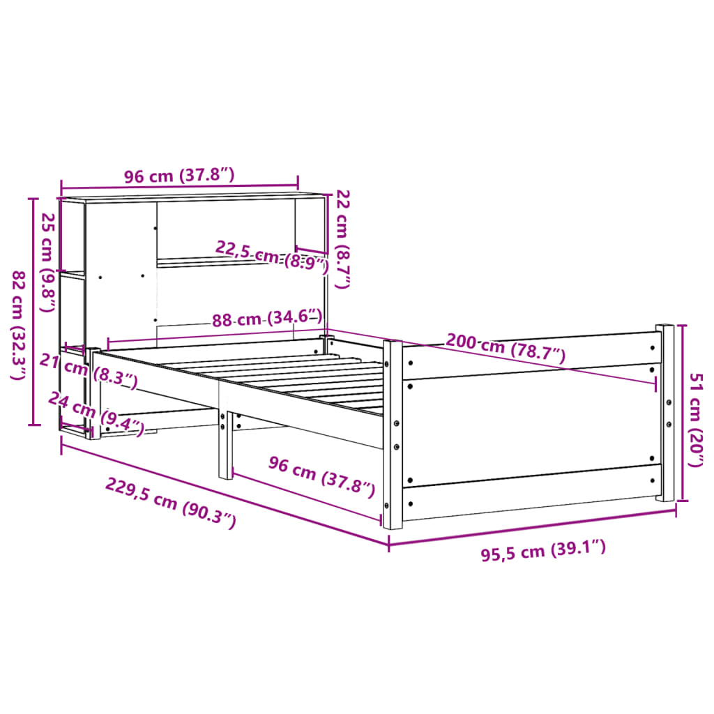 Bookcase Bed Without Mattress 90X200Cm Solid Wood Pine