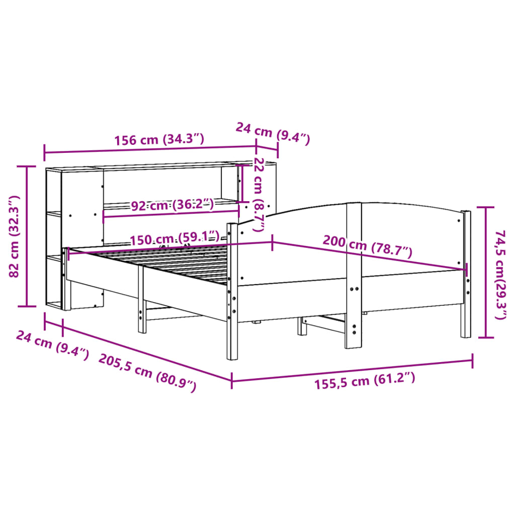 Bookcase Bed Without Mattress 150X200Cm Solid Wood Pine