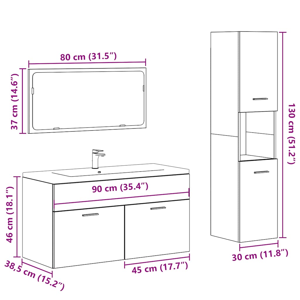 3 Piece Bathroom Furniture Set Engineered Wood