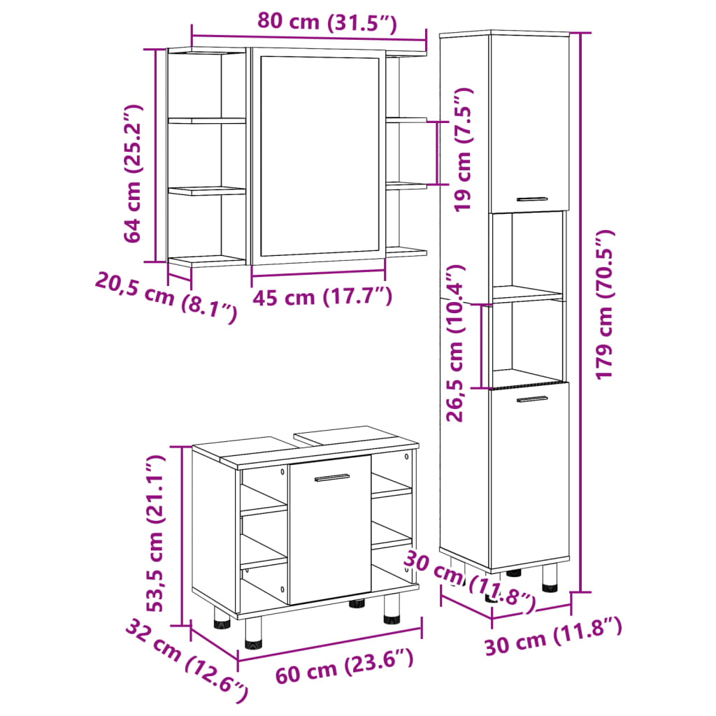 3 Piece Bathroom Furniture Set Engineered Wood