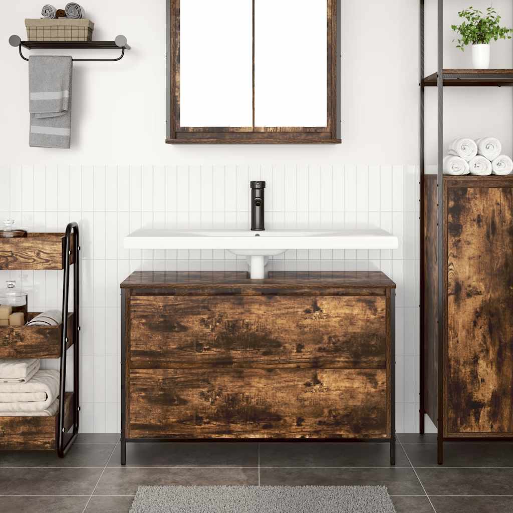 Bathroom Basin Cabinet With Drawers Smoked Oak 90X34.5X60 Cm