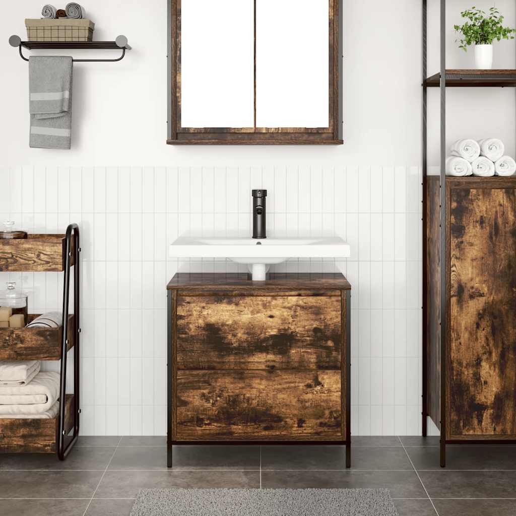 Bathroom Basin Cabinet With Drawers Smoked Oak 60X34.5X60 Cm