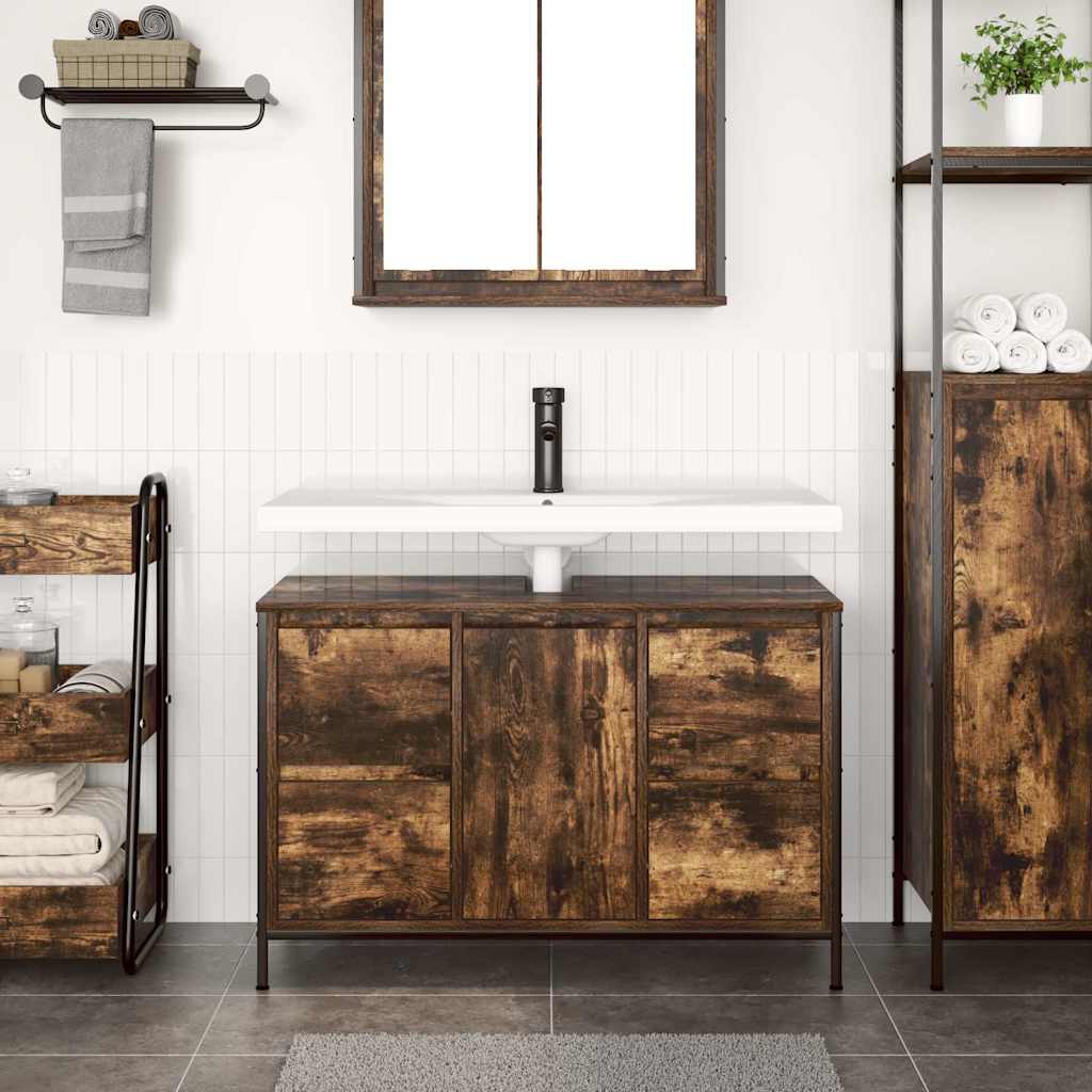 Basin Cabinet With Drawers Smoked Oak 90X34.5X60 Cm