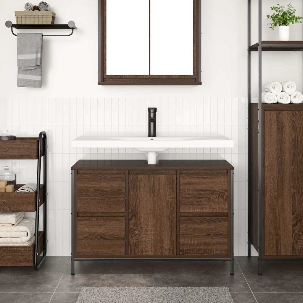 Basin Cabinet With Drawers Brown Oak 90X34.5X60 Cm