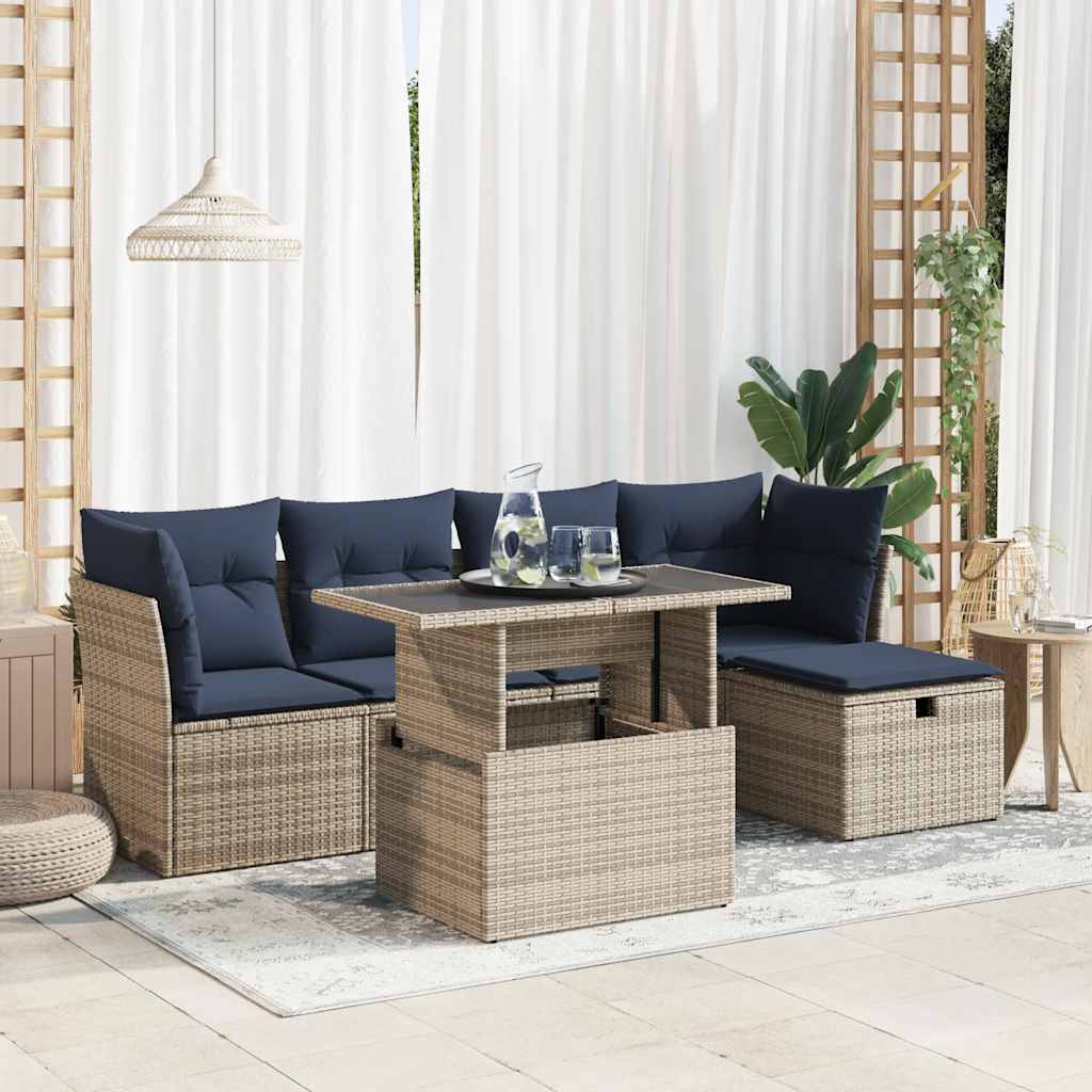 6 Piece Garden Sofa Set With Cushions Poly Rattan Acacia