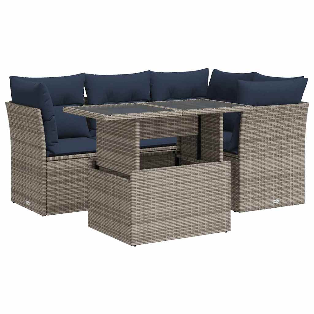 5 Piece Garden Sofa Set With Cushions Poly Rattan Acacia