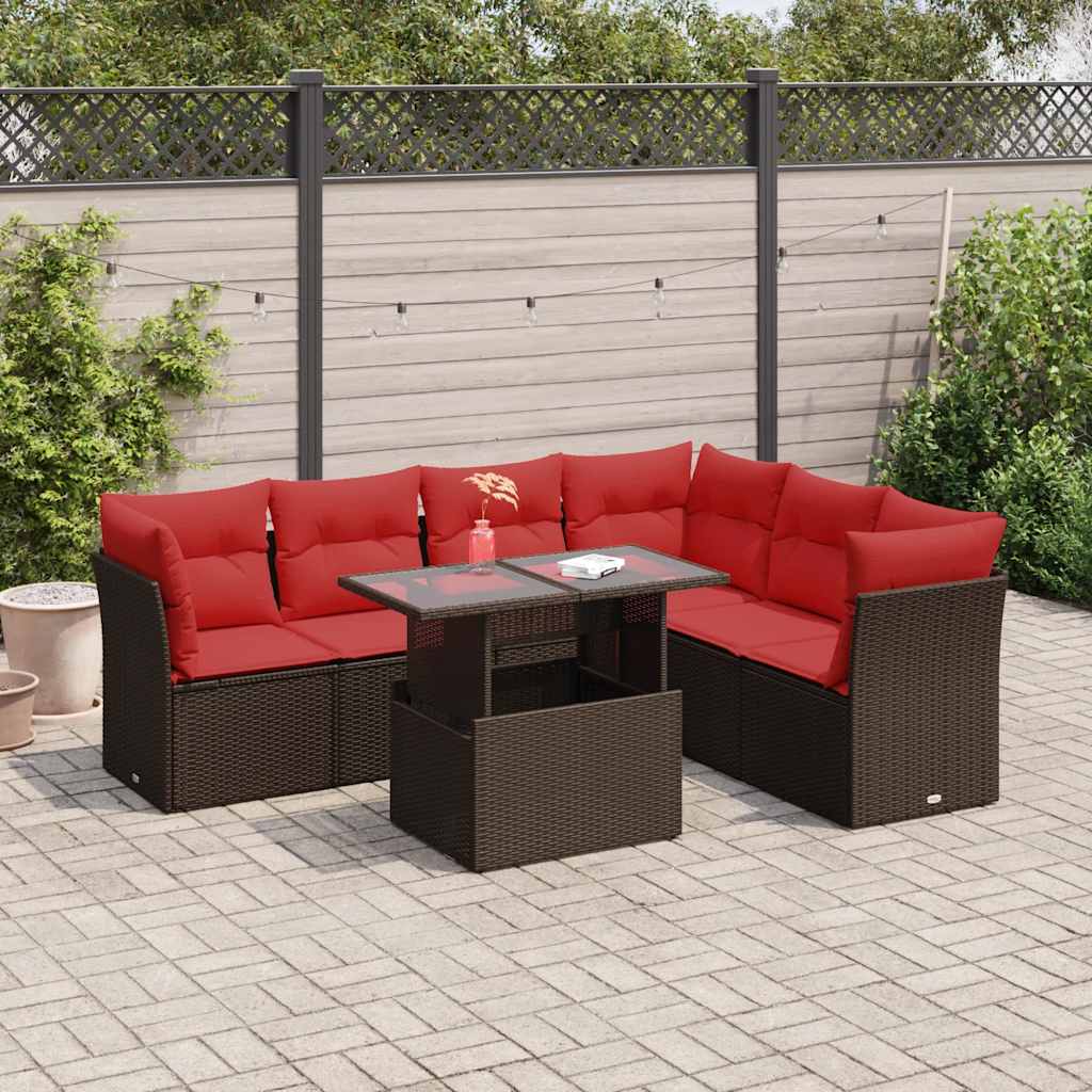 7 Piece Garden Sofa Set With Cushions Black Poly Rattan Acacia