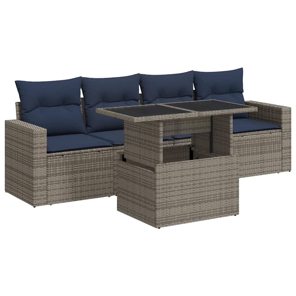 5 Piece Garden Sofa Set With Cushions Poly Rattan Acacia