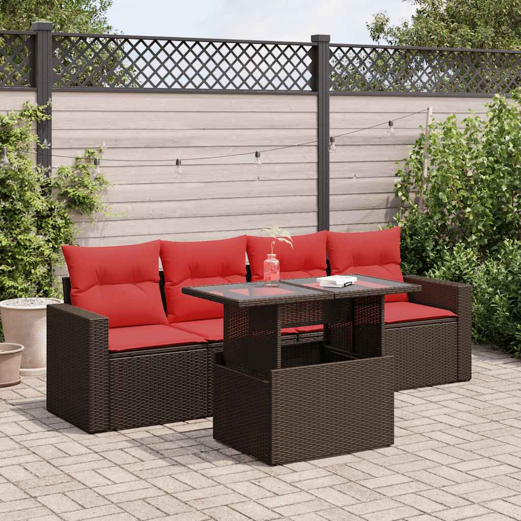 5 Piece Garden Sofa Set With Cushions Poly Rattan Acacia