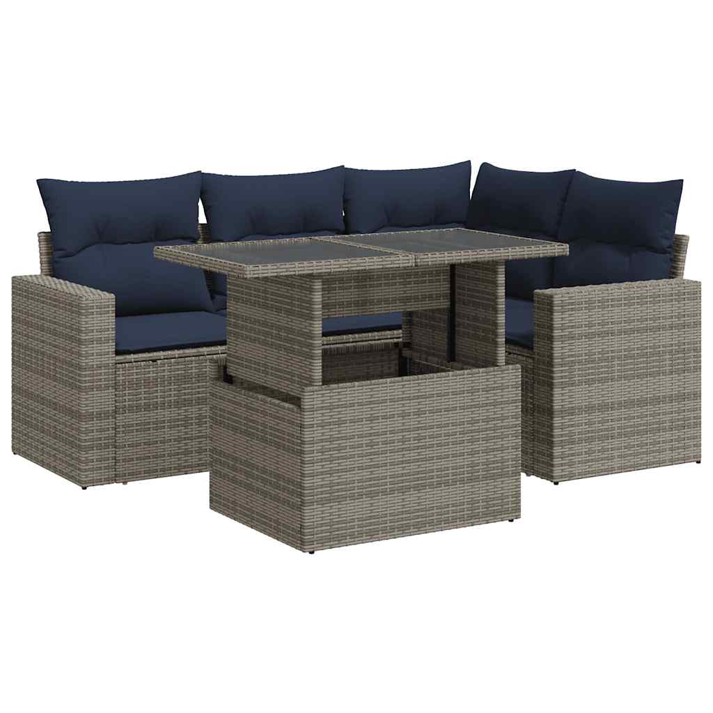 5 Piece Garden Sofa Set With Cushions Poly Rattan Acacia