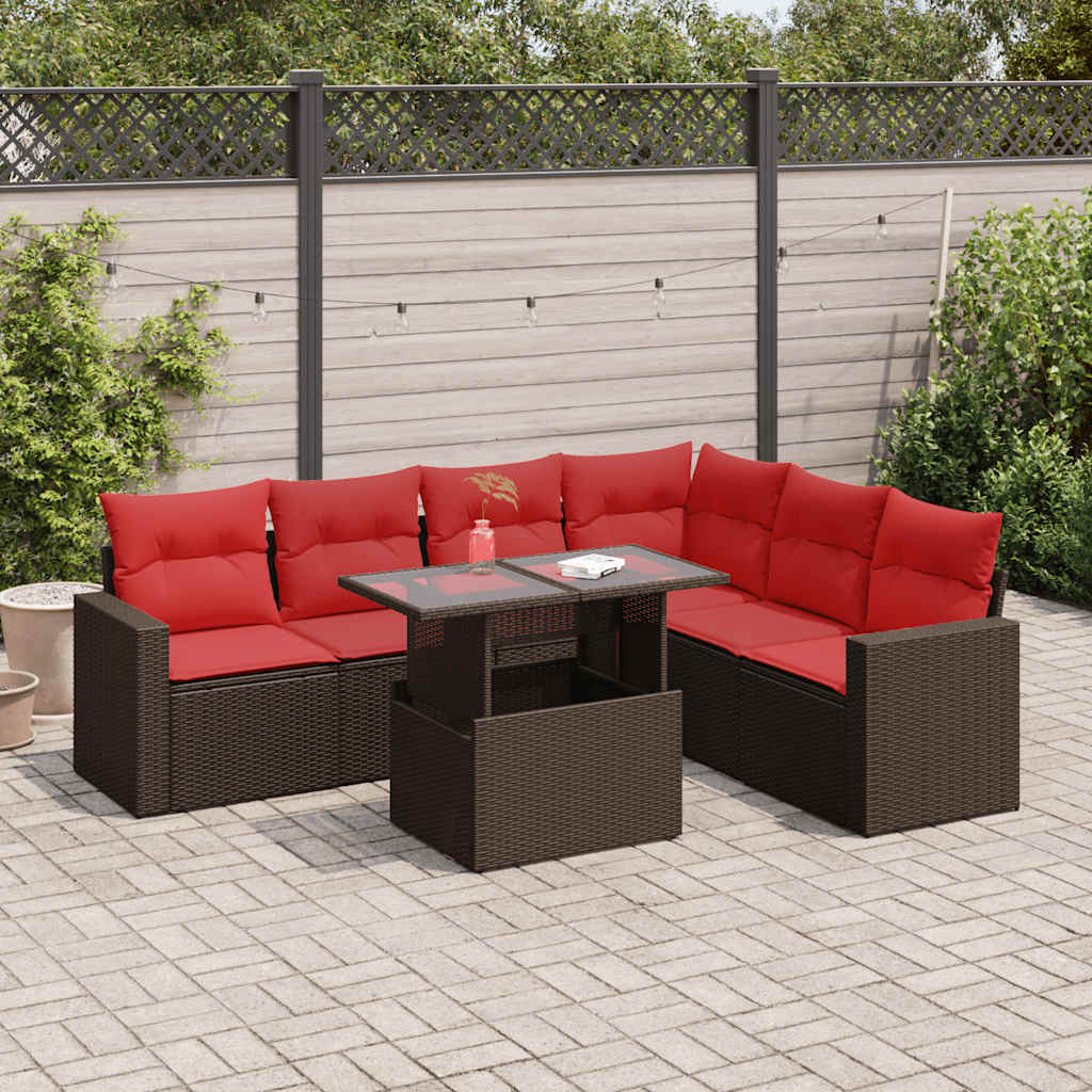 7 Piece Garden Sofa Set With Cushions Black Poly Rattan Acacia