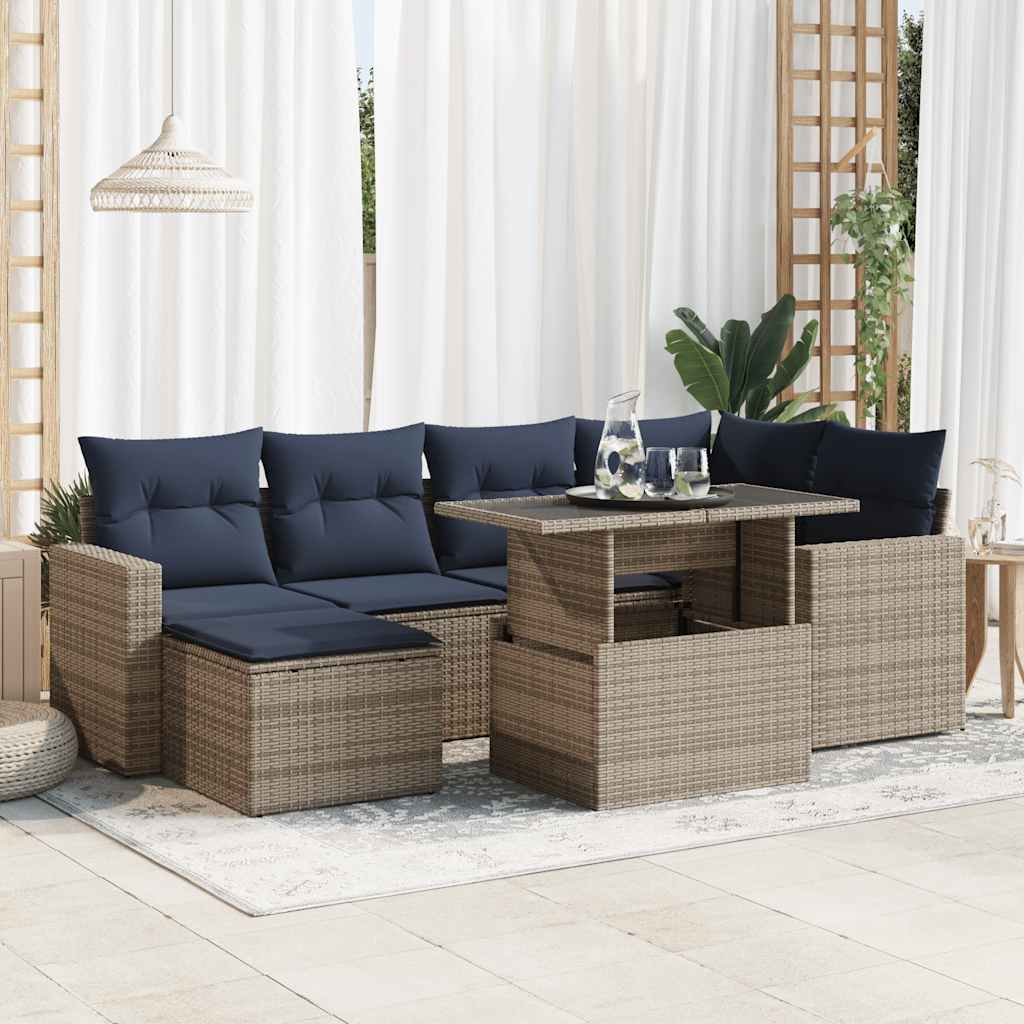 7 Piece Garden Sofa Set With Cushions Poly Rattan Acacia