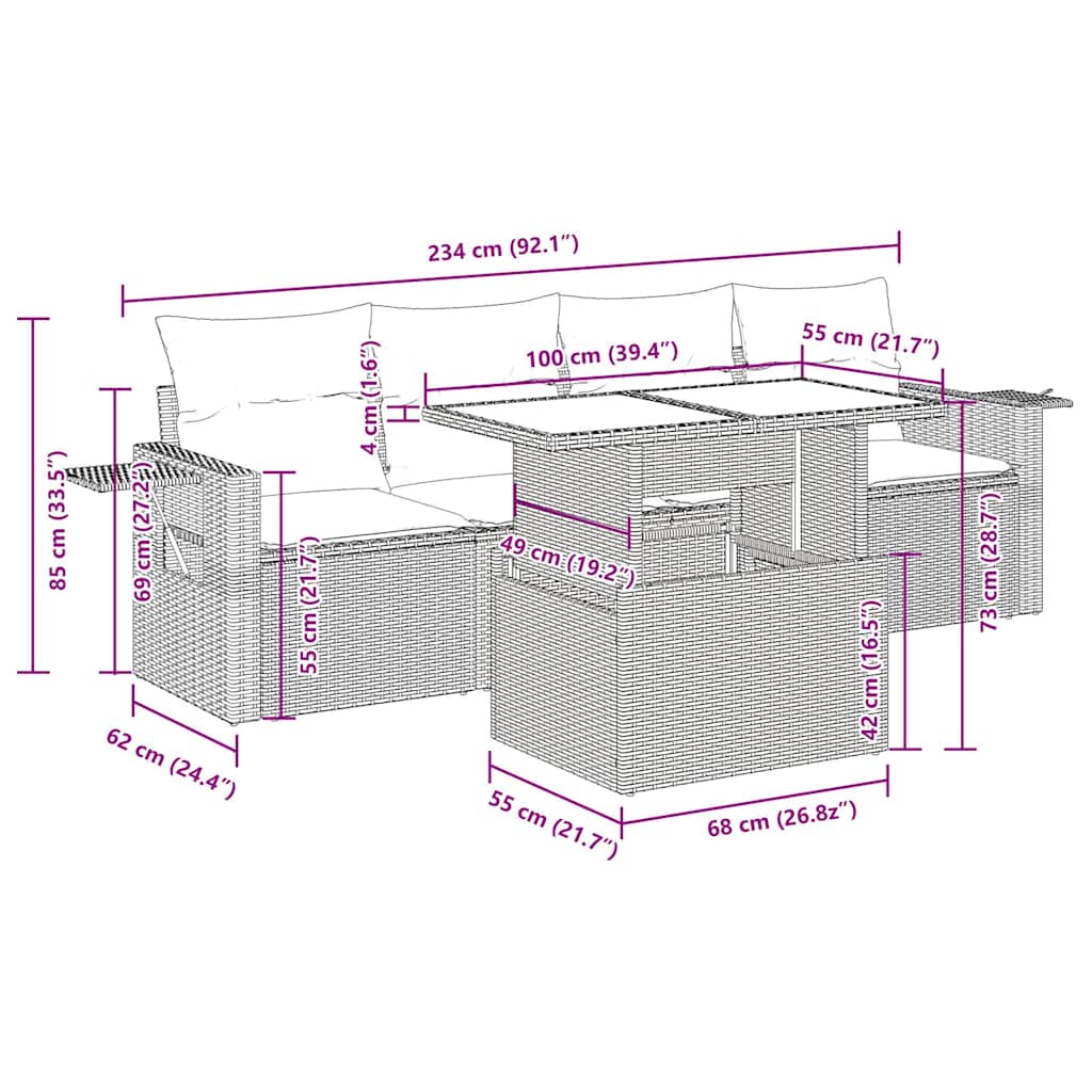 5 Piece Garden Sofa Set With Cushions Black Poly Rattan Acacia