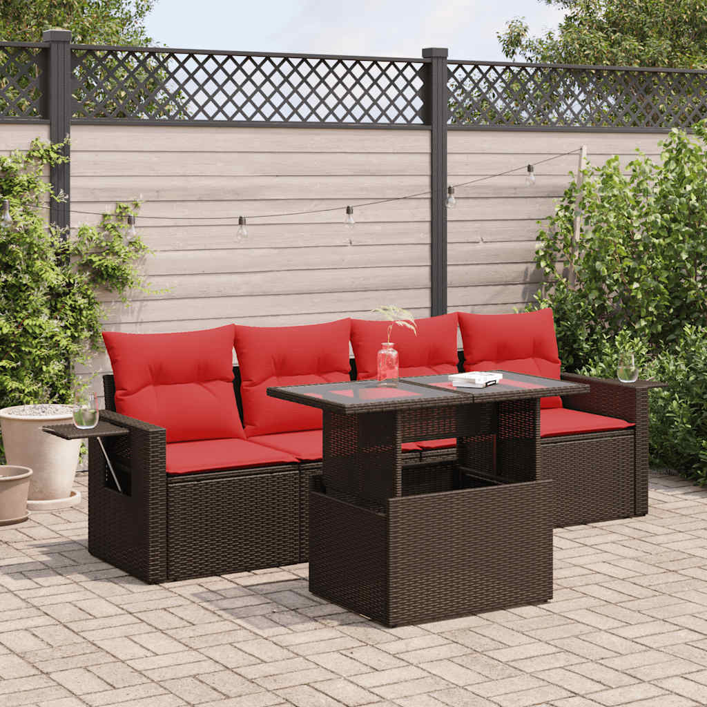 5 Piece Garden Sofa Set With Cushions Black Poly Rattan Acacia