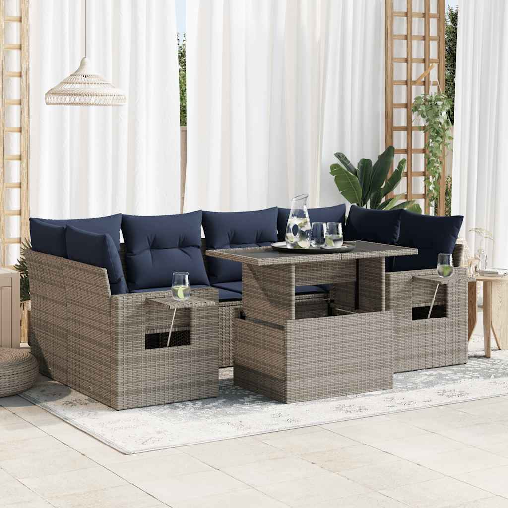 7 Piece Garden Sofa Set With Cushions Grey Poly Rattan Acacia