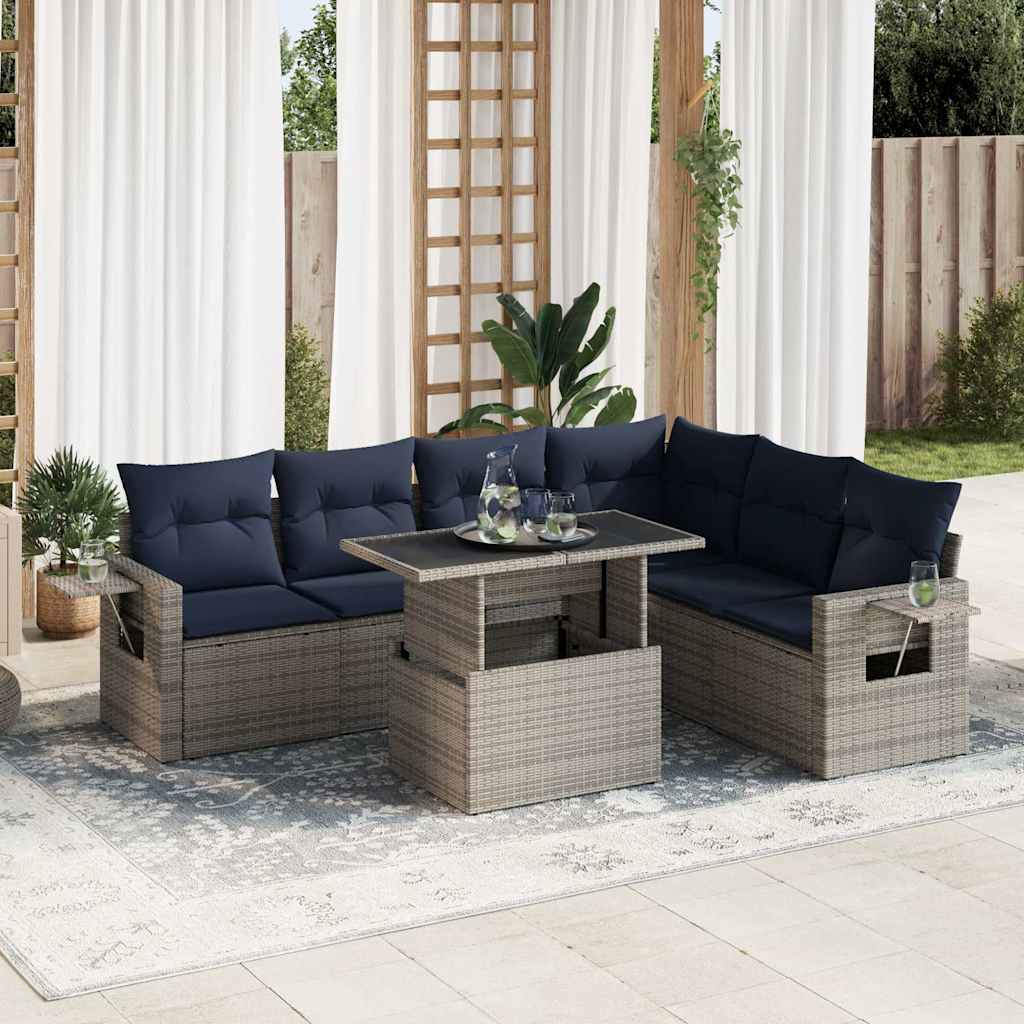 7 Piece Garden Sofa Set With Cushions Grey Poly Rattan Acacia