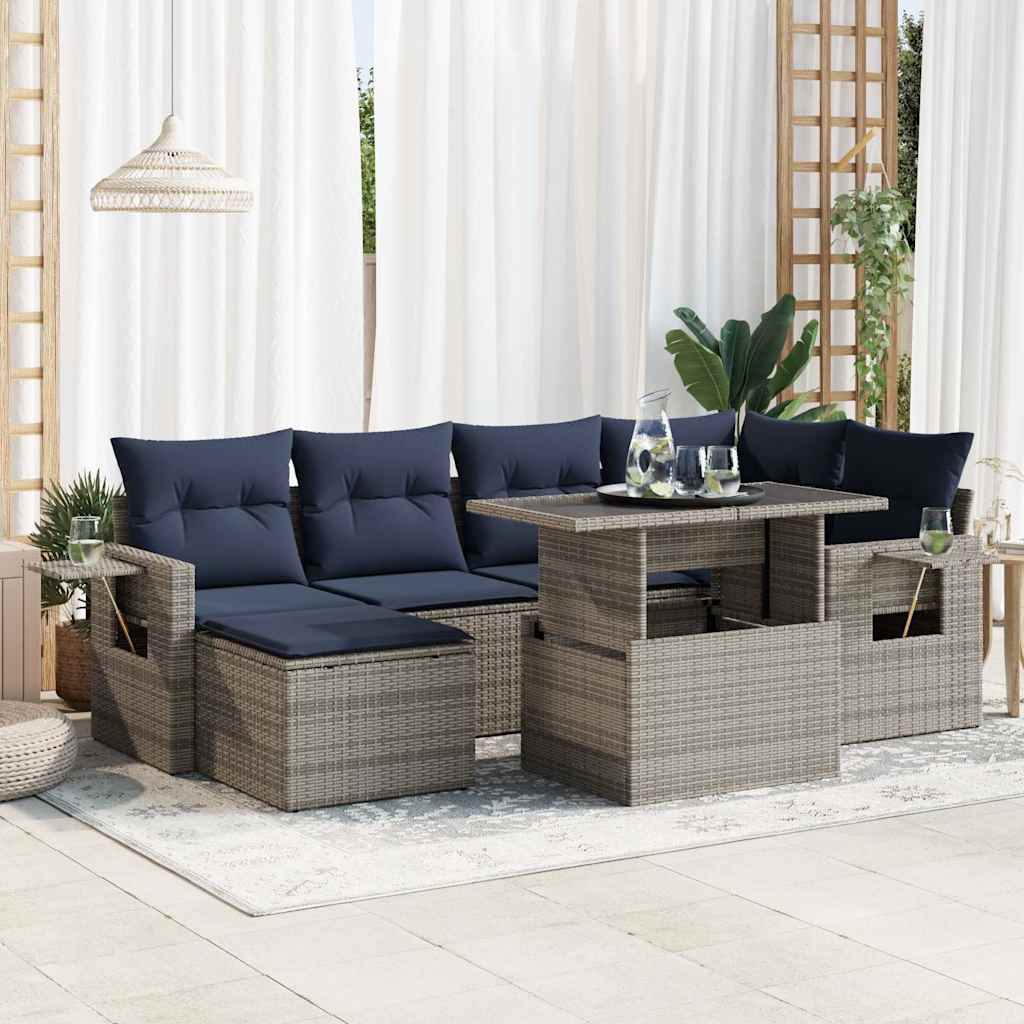 7 Piece Garden Sofa Set With Cushions Poly Rattan Acacia