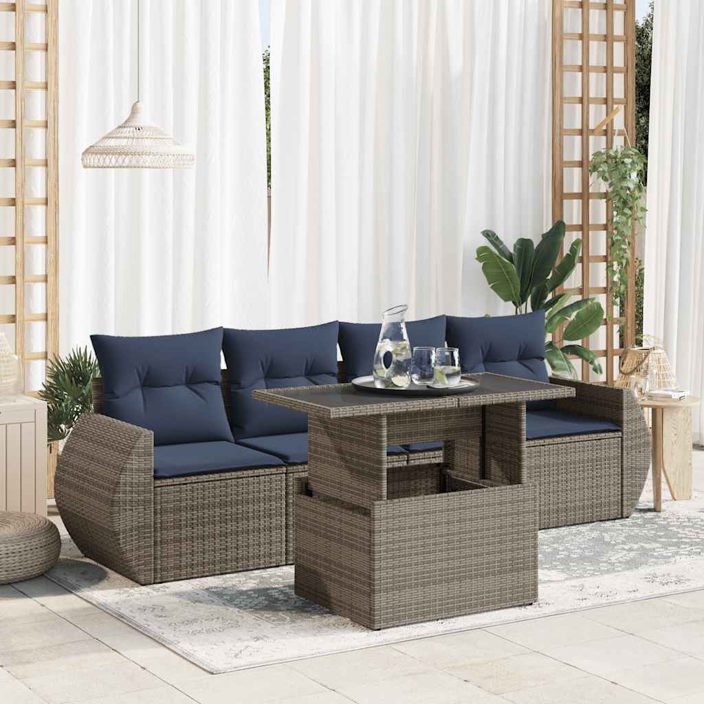5 Piece Garden Sofa Set With Cushions Poly Rattan Acacia