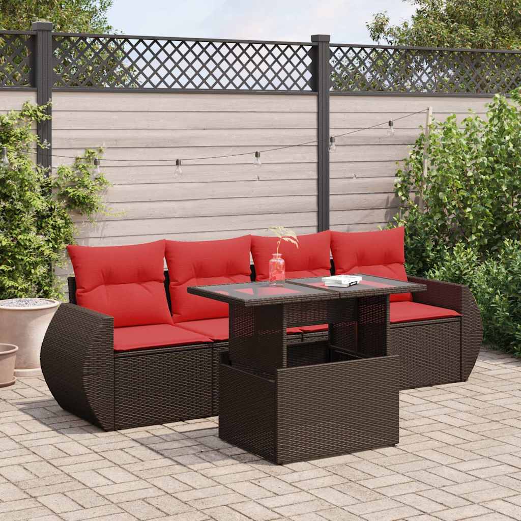 5 Piece Garden Sofa Set With Cushions Poly Rattan Acacia