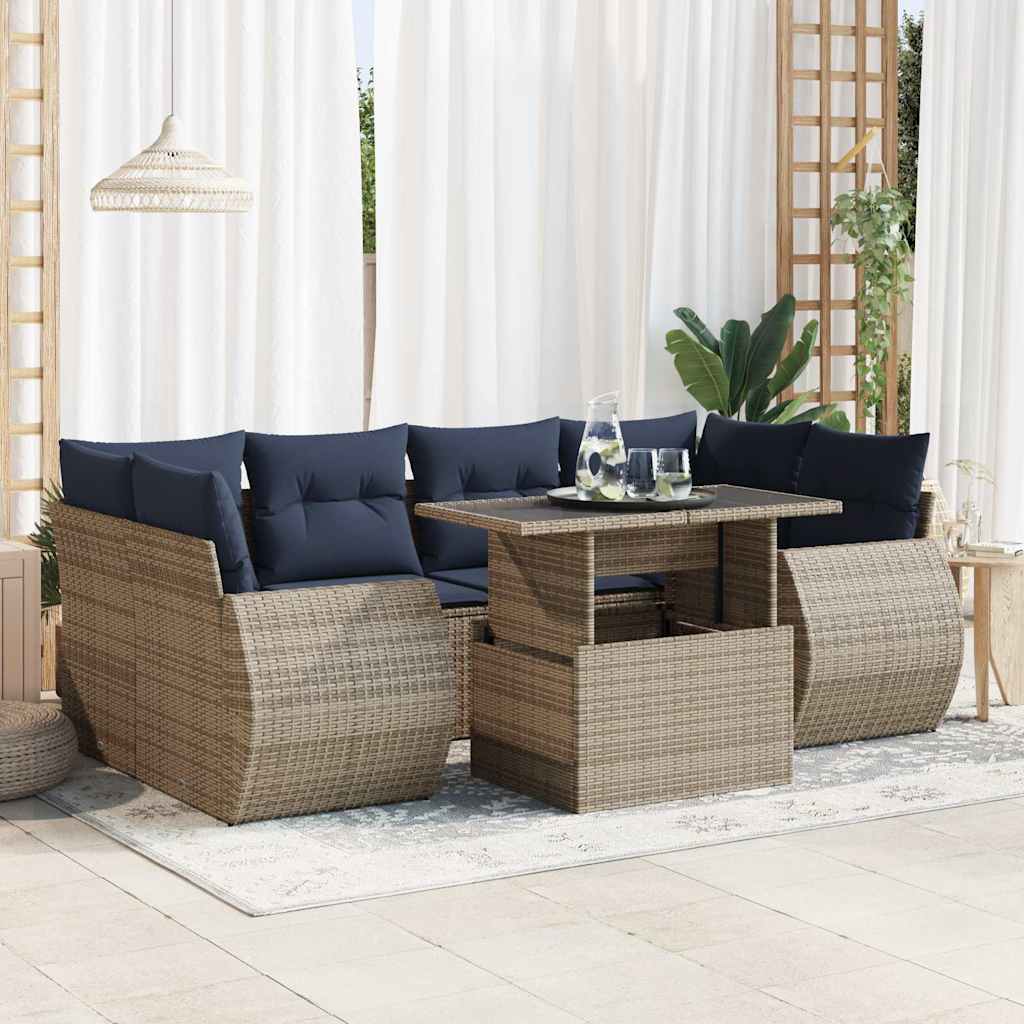 7 Piece Garden Sofa Set With Cushions Poly Rattan Acacia