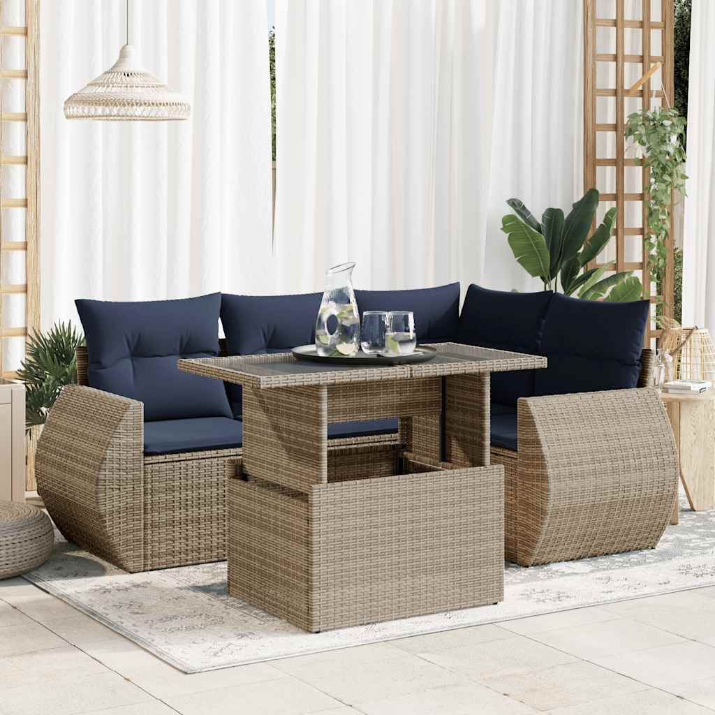 5 Piece Garden Sofa Set With Cushions Poly Rattan Acacia