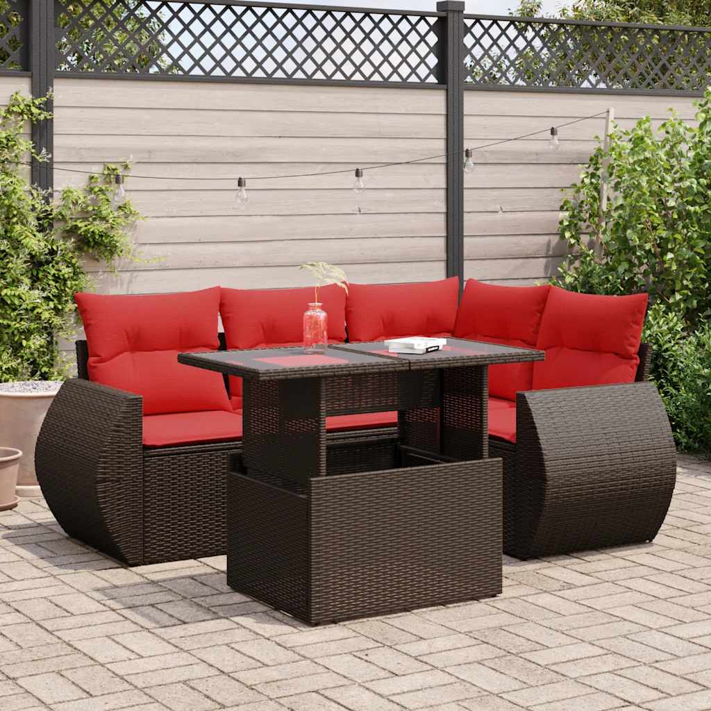 5 Piece Garden Sofa Set With Cushions Poly Rattan Acacia